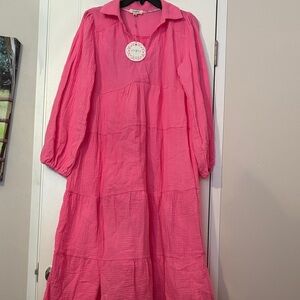Bubblegum Pink Tiered Midi Dress with Collar